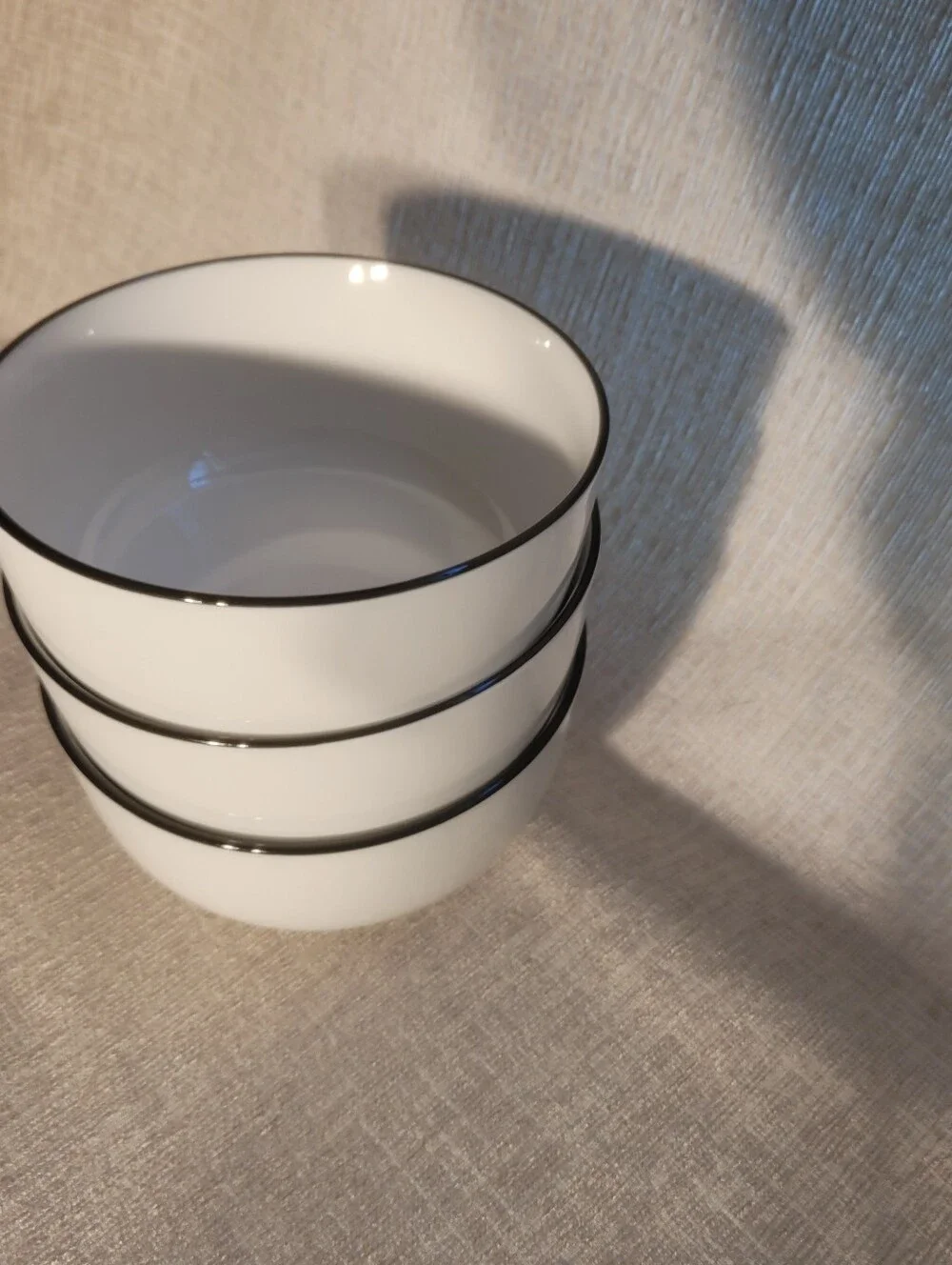 Sur La Table White Ceramic Bowls with Black Trim - Set of 3. Excellent